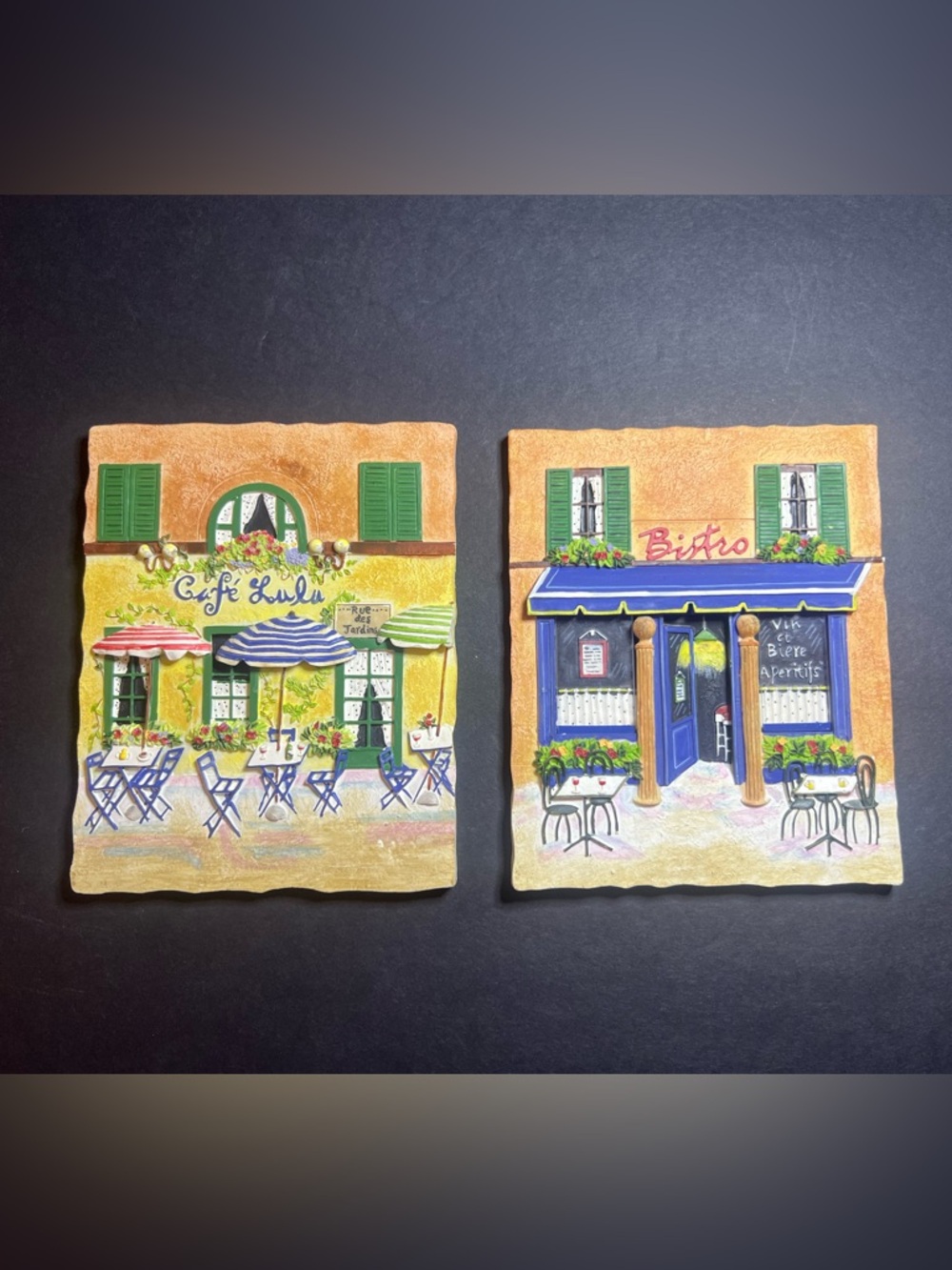 Set of 2 Anne Ormsby 3D Resin French Bistro & Cafe Lulu Tile Wall Hangers 5.5"